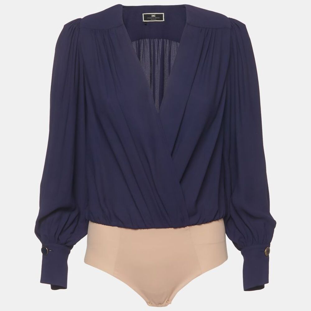 Elisabetta Franchi Navy Blue Crepe Draped Bodysuit Top M